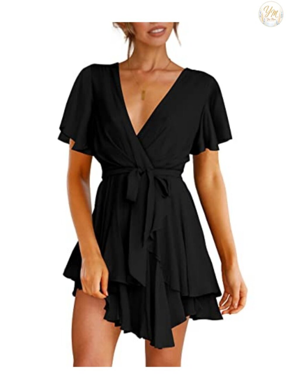 Women's Deep V-Neck Long Sleeve Waist Tie Ruffle Mini Skater Dress